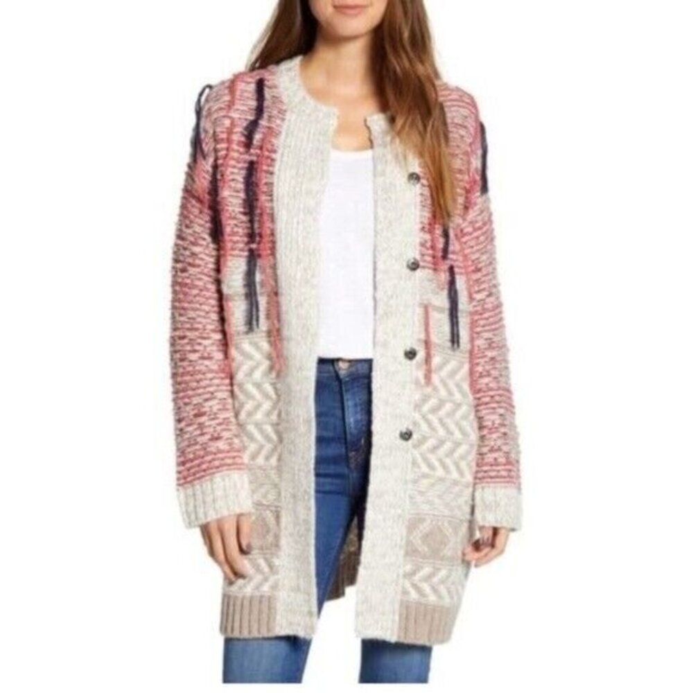 Caslon Wool Sweater Multi Jacquard Yarn Fringe Mid Length Cardigan SZ S NWT